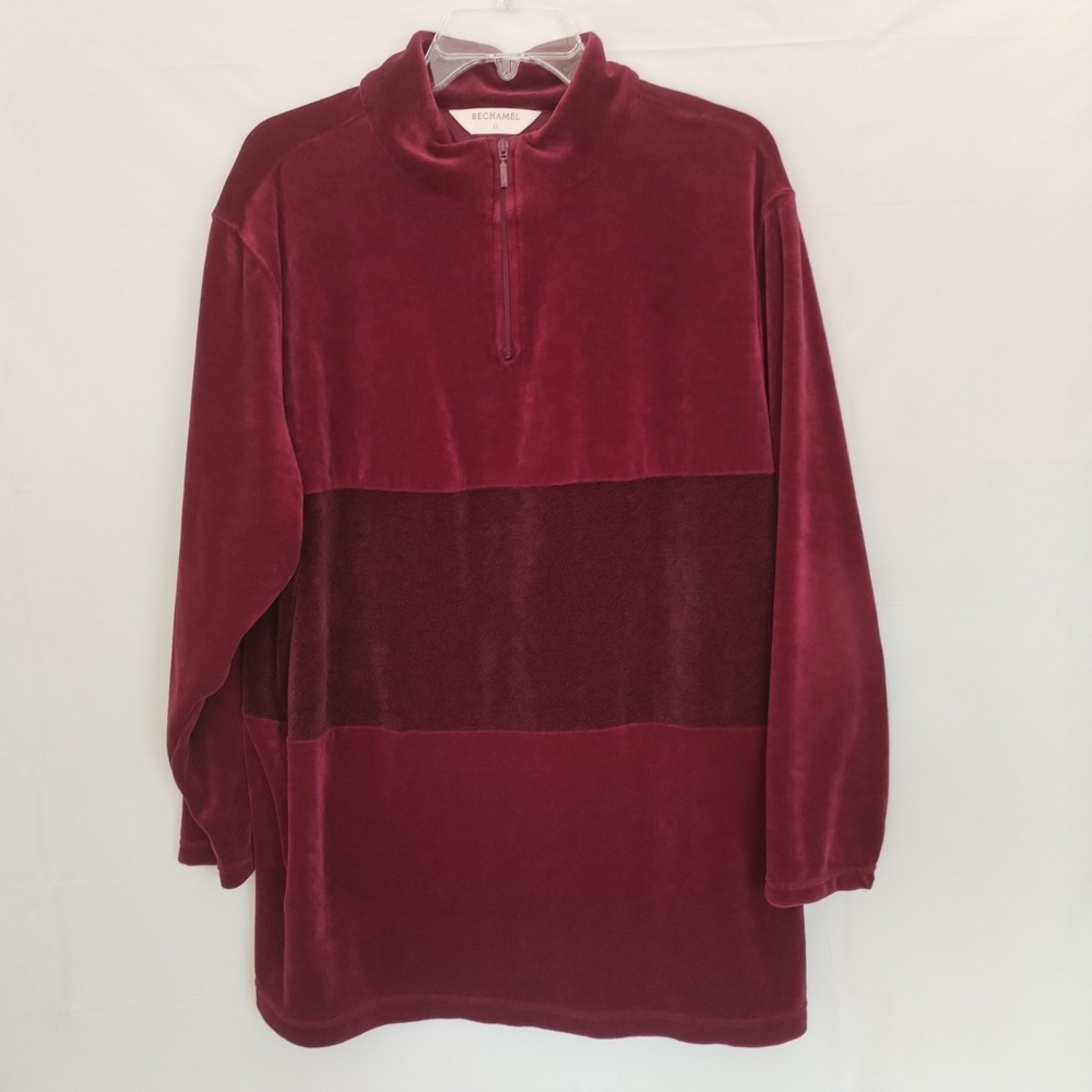 Vintage 90s Bechamel Women's 2XL Burgundy Velour Quarter‎ Zip Pullover Sweater